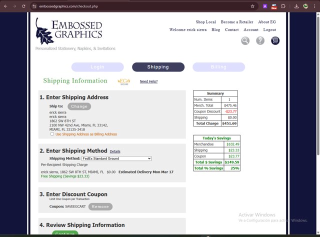 Embossed Graphics checkout page showing Embossed Graphics coupon code box | Screenshot taken by SimplyCodes community member on Mar 11, 2025