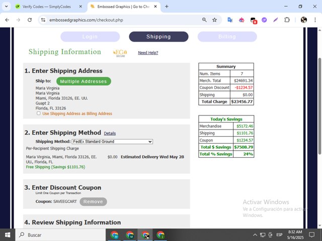 Embossed Graphics checkout page showing Embossed Graphics coupon code box | Screenshot taken by SimplyCodes community member on May 16, 2025