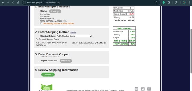 Embossed Graphics checkout page showing Embossed Graphics coupon code box | Screenshot taken by SimplyCodes community member on Mar 19, 2025