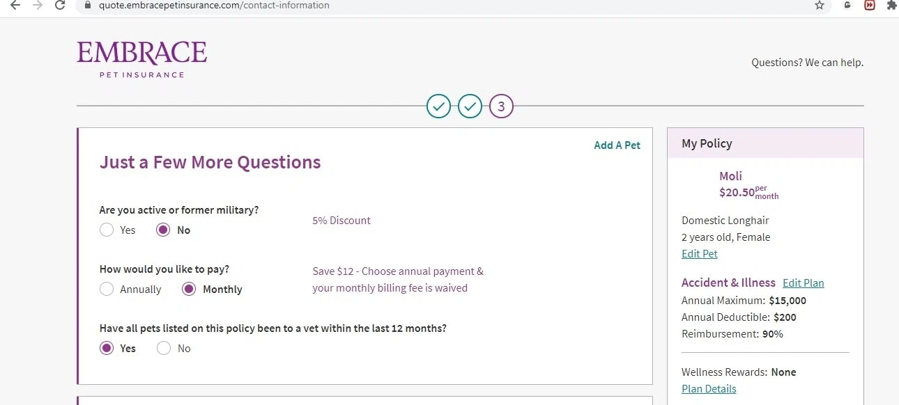 Embrace Pet Insurance checkout page showing Embrace Pet Insurance promo code box | Screenshot taken by SimplyCodes community member on Aug 1, 2021