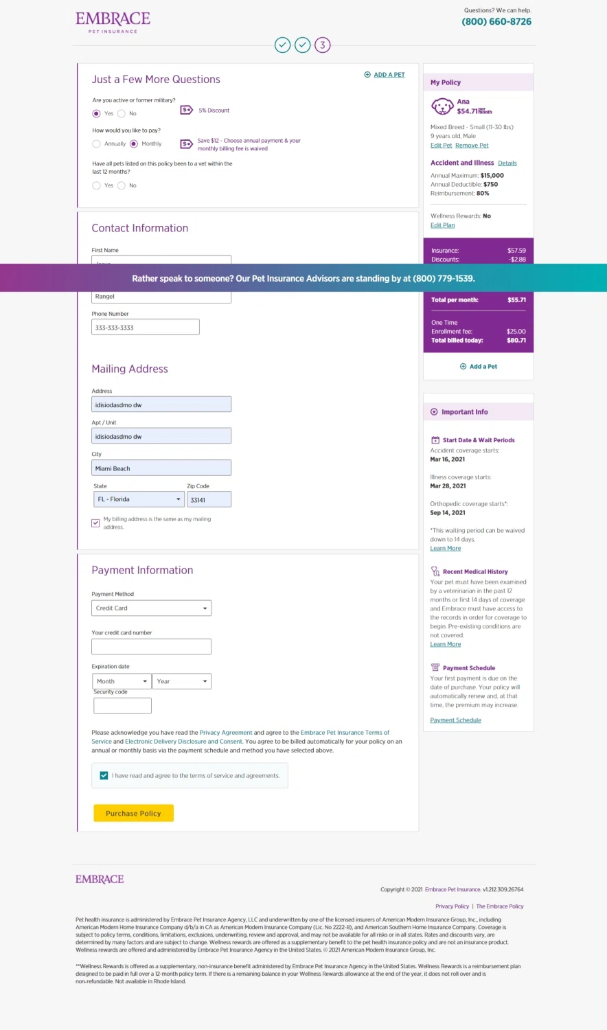 Embrace Pet Insurance checkout page showing Embrace Pet Insurance promo code box | Screenshot taken by SimplyCodes community member on Mar 13, 2021