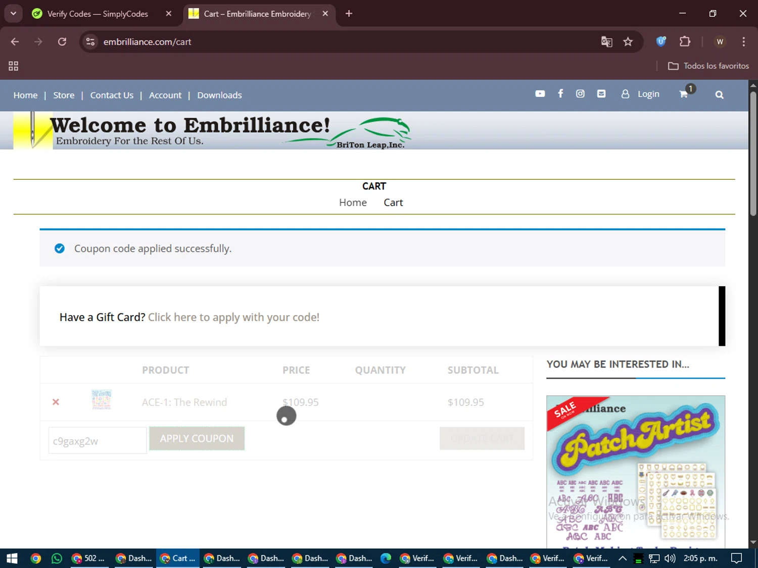 Embrilliance coupon code screenshot showing code c9gaxg2w applied at Embrilliance checkout page. Uploaded by SimplyCodes community member DealMaestro2101 on Jun 20, 2025