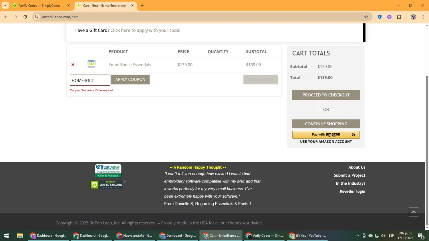 Embrilliance coupon code screenshot showing code HOME4OCT applied at Embrilliance checkout page. Uploaded by SimplyCodes community member Vanmanuel on Oct 17, 2025