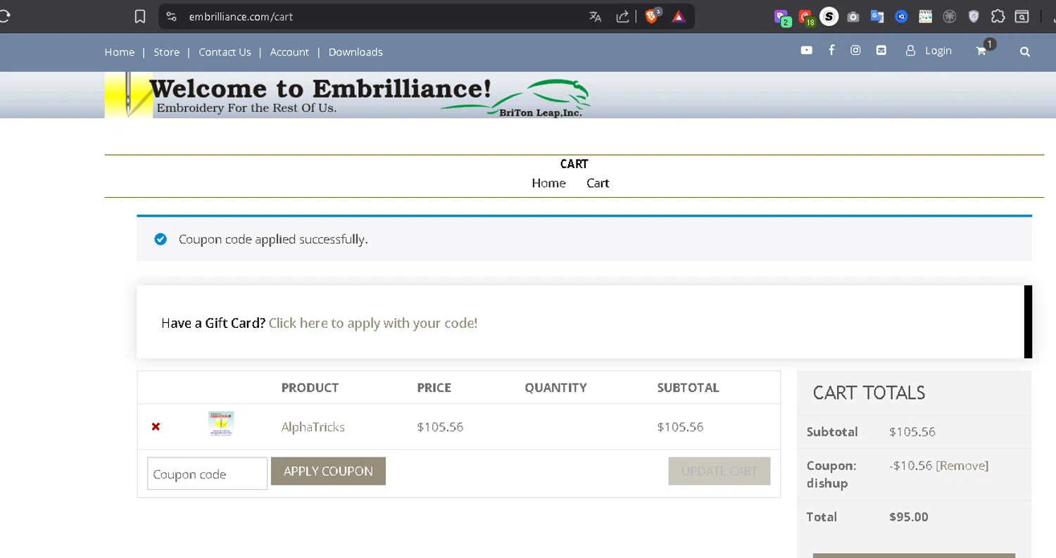 Embrilliance coupon code screenshot showing code DISHUP applied at Embrilliance checkout page. Uploaded by SimplyCodes community member Serdanvz on Nov 17, 2025