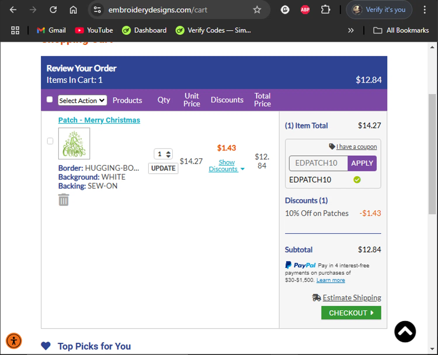 Embroidery Designs checkout page showing Embroidery Designs coupon code box | Screenshot taken by SimplyCodes community member on Dec 11, 2024
