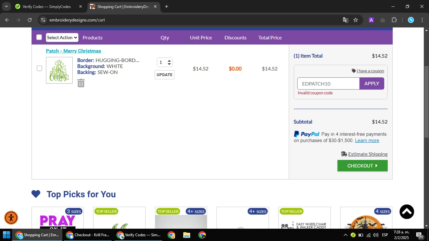 Embroidery Designs coupon code screenshot showing code EDPATCH10 applied at Embroidery Designs checkout page. Uploaded by SimplyCodes community member RebateRanger5627 on Feb 2, 2025