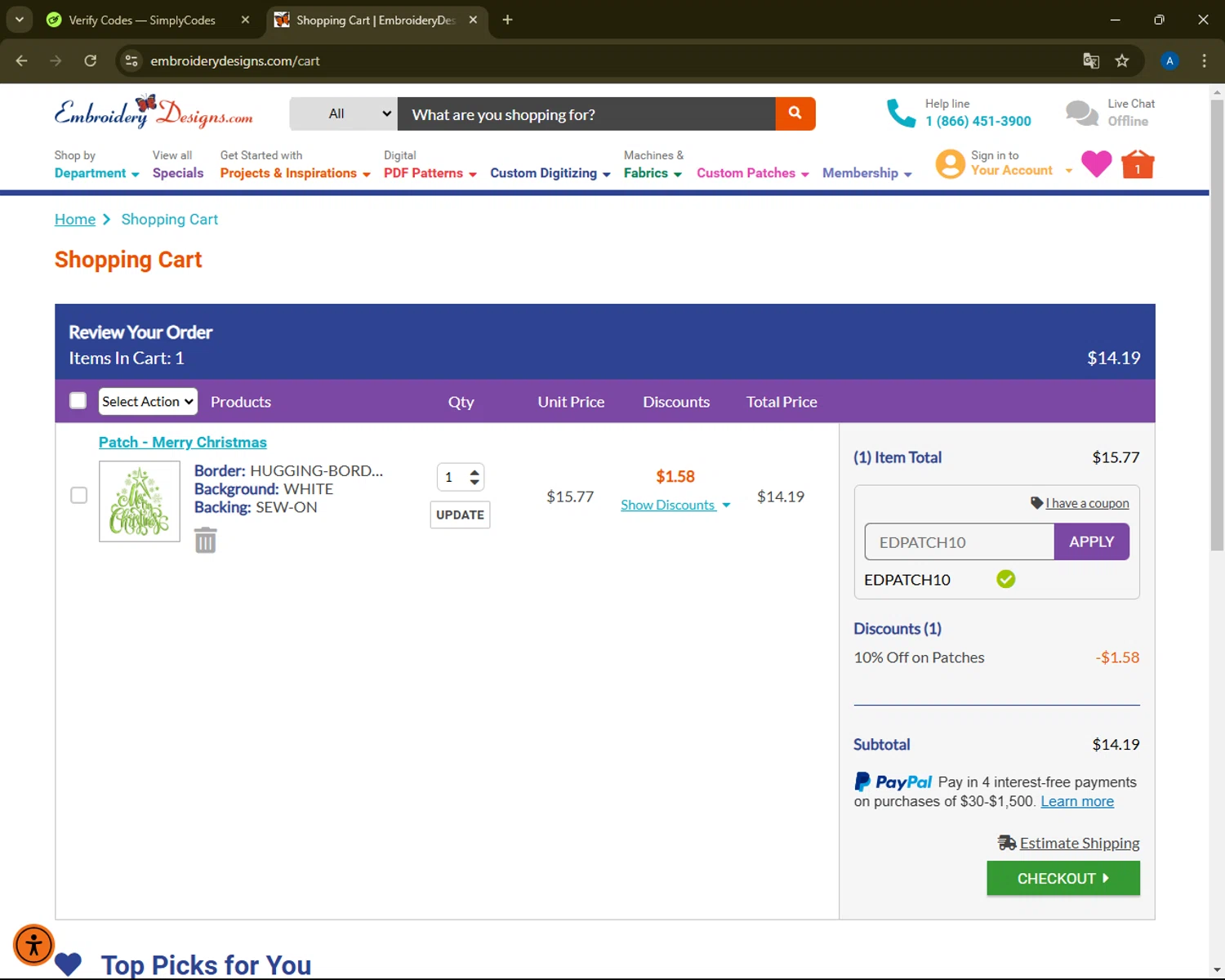 Embroidery Designs checkout page showing Embroidery Designs coupon code box | Screenshot taken by SimplyCodes community member on Jan 3, 2025