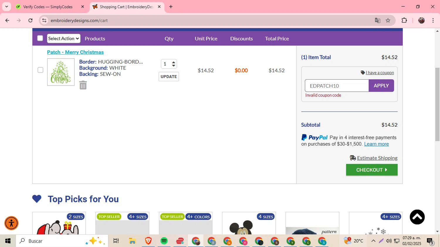 Embroidery Designs coupon code screenshot showing code EDPATCH10 applied at Embroidery Designs checkout page. Uploaded by SimplyCodes community member BargainExpert9390 on Feb 2, 2025