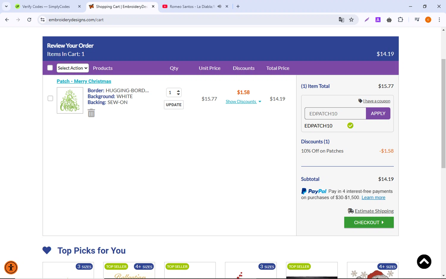 Embroidery Designs checkout page showing Embroidery Designs coupon code box | Screenshot taken by SimplyCodes community member on Jan 3, 2025