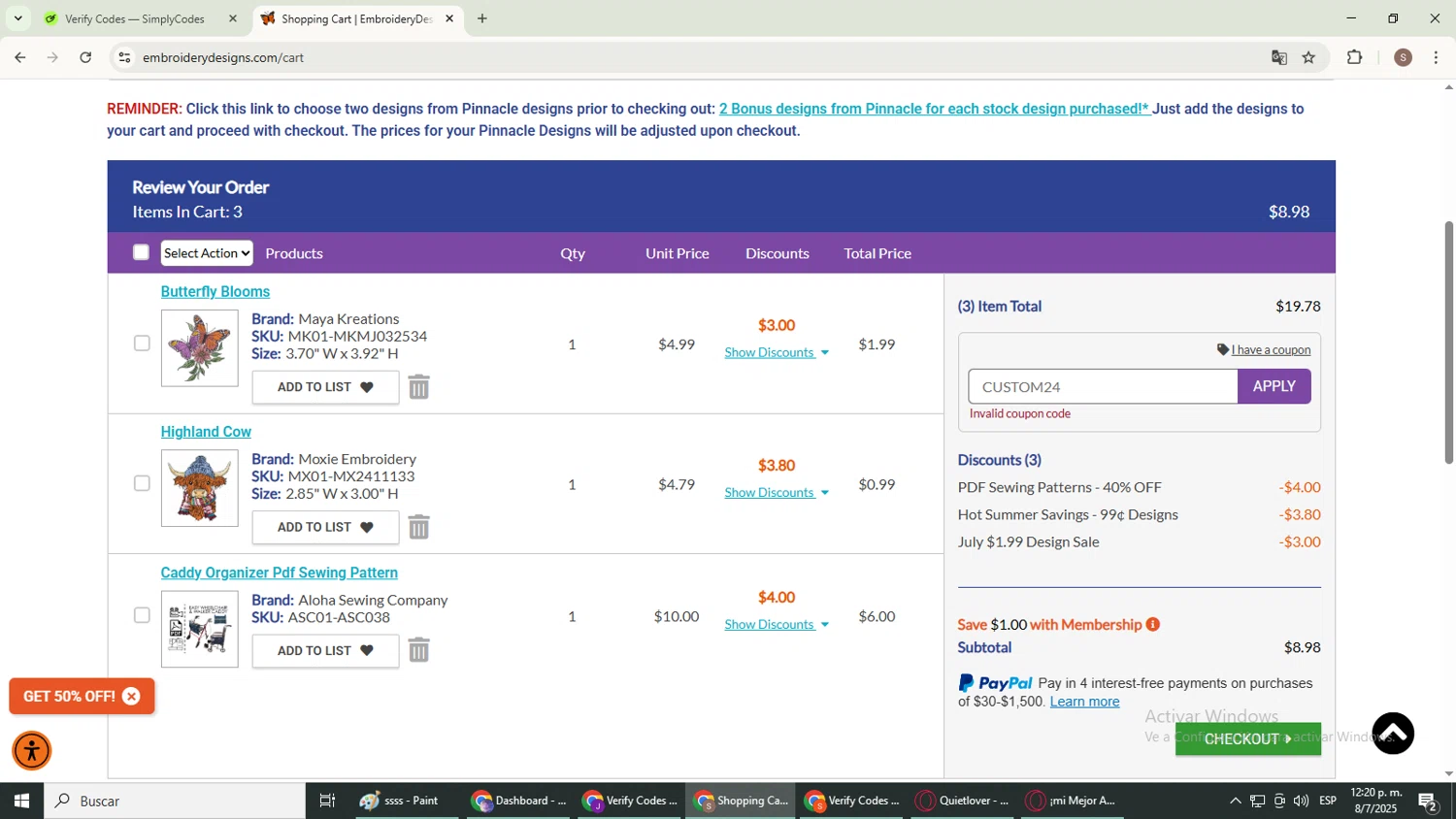 Embroidery Designs coupon code screenshot showing code CUSTOM24 applied at Embroidery Designs checkout page. Uploaded by SimplyCodes community member WiseExpert2972 on Jul 8, 2025