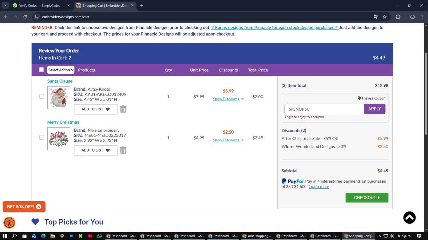 Embroidery Designs coupon code screenshot showing code SIGNUP50 applied at Embroidery Designs checkout page. Uploaded by SimplyCodes community member Cynoxx on Dec 25, 2025