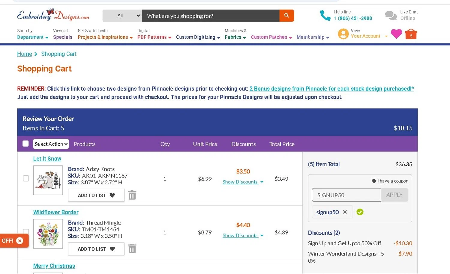 Embroidery Designs coupon code screenshot showing code SIGNUP50 applied at Embroidery Designs checkout page. Uploaded by SimplyCodes community member LAMINEJAMAL on Dec 25, 2025