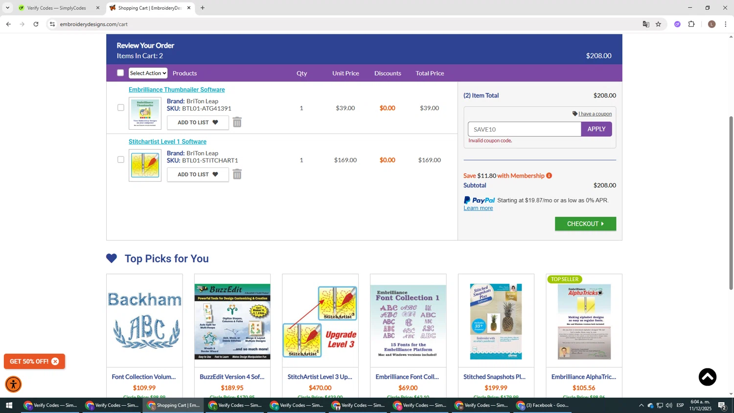 Embroidery Designs coupon code screenshot showing code SAVE10 applied at Embroidery Designs checkout page. Uploaded by SimplyCodes community member BENELLI on Dec 11, 2025