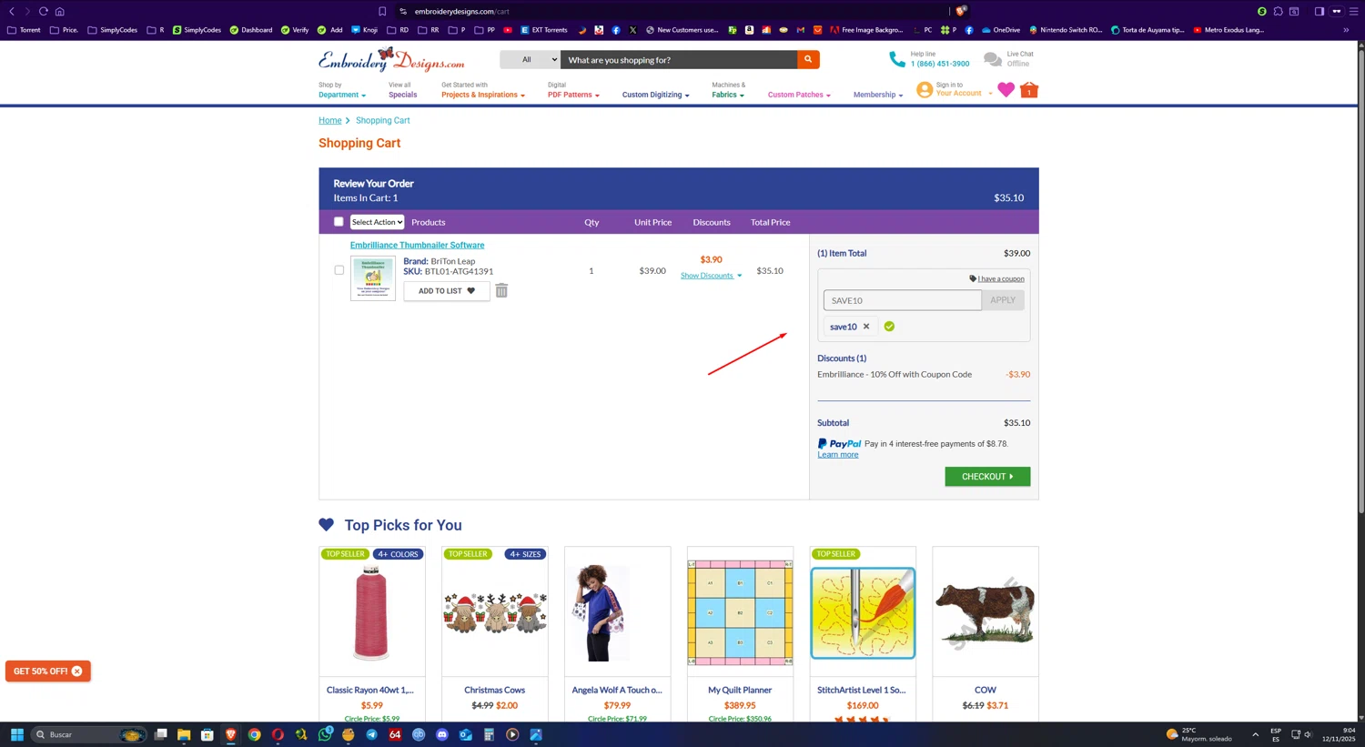 Embroidery Designs coupon code screenshot showing code save10 applied at Embroidery Designs checkout page. Uploaded by SimplyCodes community member UnkNownVnzla on Nov 12, 2025