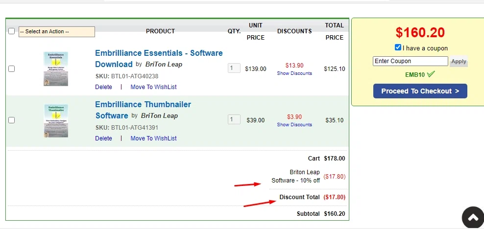 Embroidery Designs checkout page showing Embroidery Designs coupon code box | Screenshot taken by SimplyCodes community member on Nov 25, 2021
