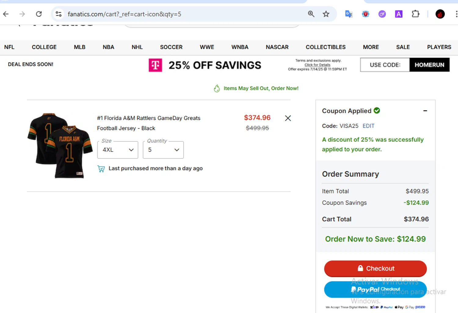 Embry-Riddle Eagles promo code screenshot showing code VISA25 applied at Embry-Riddle Eagles checkout page. Uploaded by SimplyCodes community member Francisco01 on Jul 14, 2025