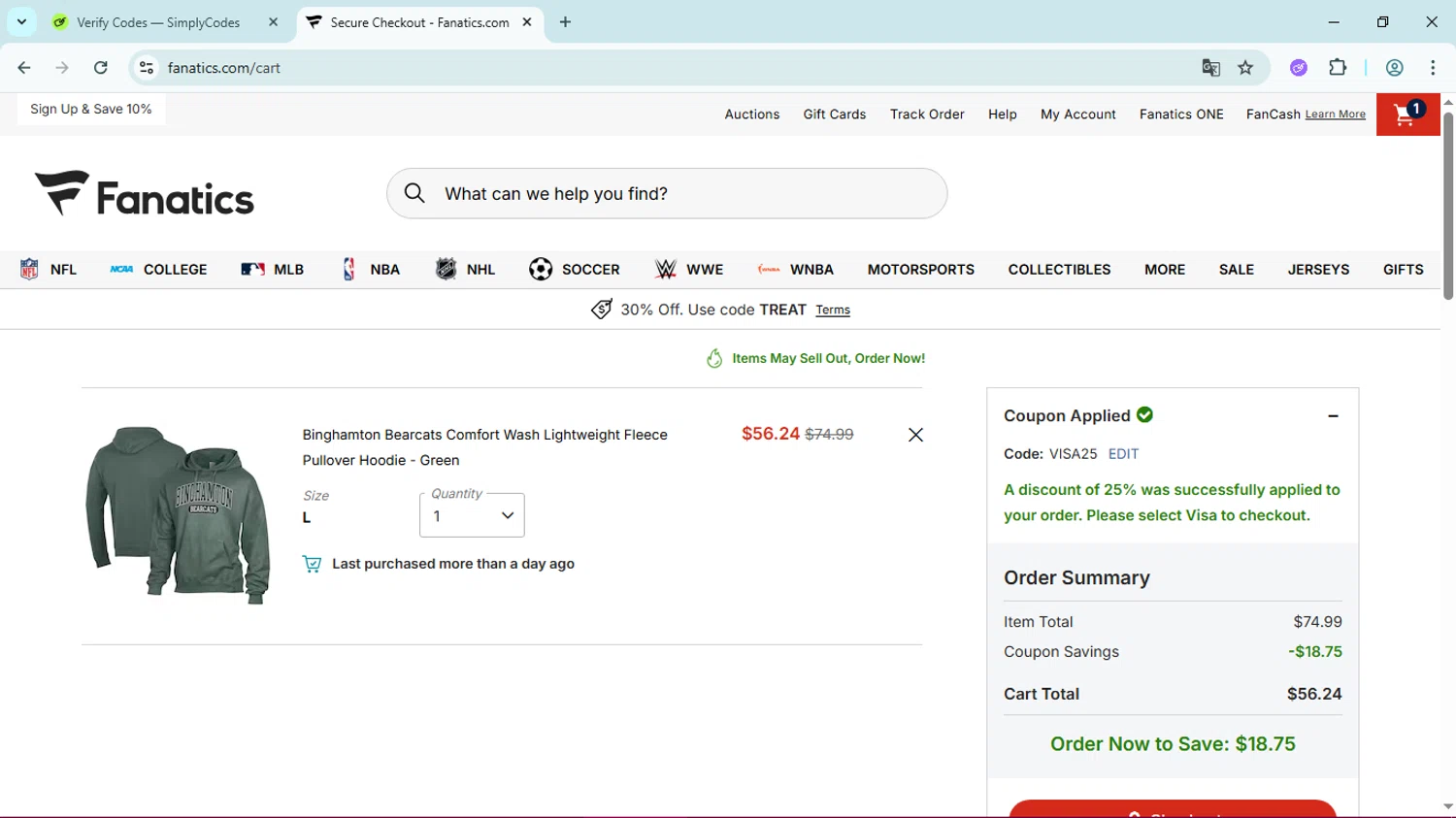 Embry-Riddle Eagles promo code screenshot showing code VISA25 applied at Embry-Riddle Eagles checkout page. Uploaded by SimplyCodes community member Simpsince95 on Oct 27, 2025