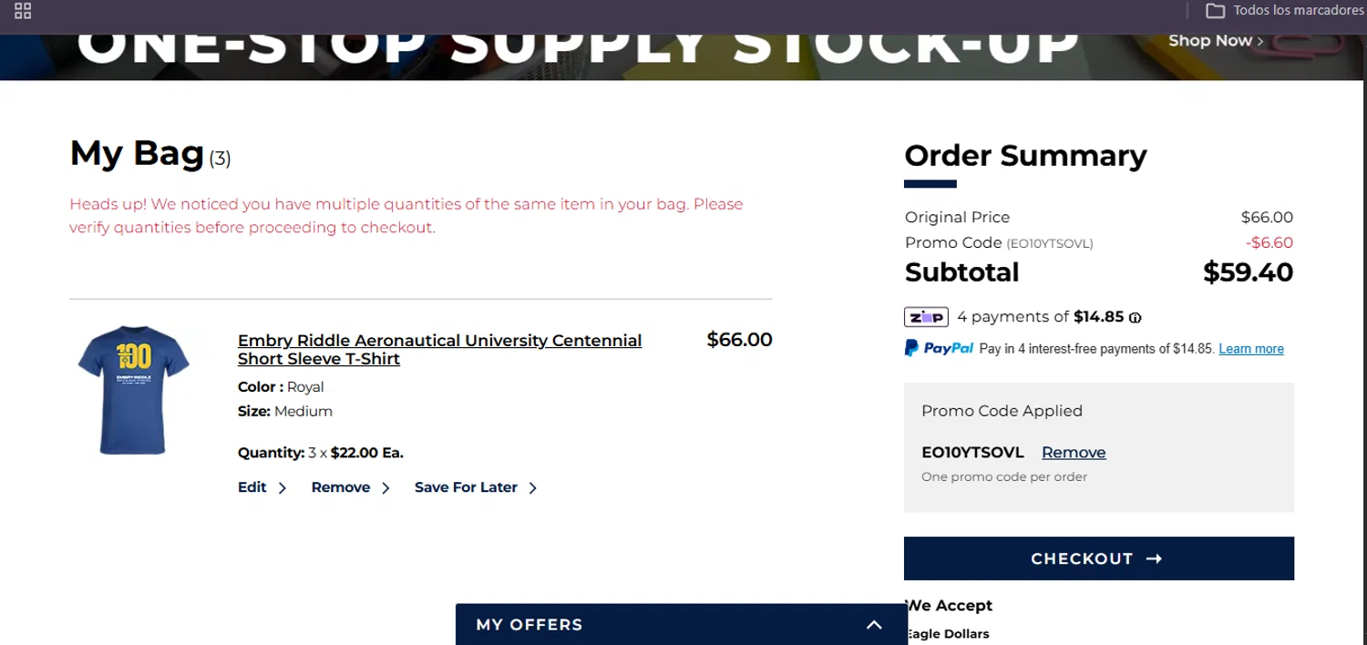 Embry-Riddle Eagles checkout page showing Embry-Riddle Eagles promo code box | Screenshot taken by SimplyCodes community member on Feb 3, 2026