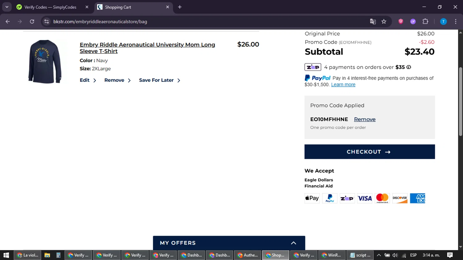 Embry-Riddle Eagles checkout page showing Embry-Riddle Eagles promo code box | Screenshot taken by SimplyCodes community member on Feb 18, 2026