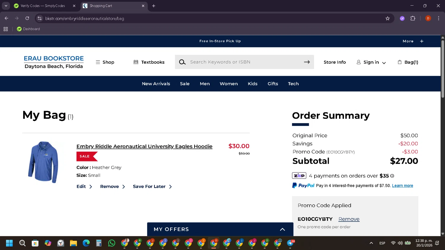 Embry-Riddle Eagles promo code screenshot showing code EO10CGYBTY applied at Embry-Riddle Eagles checkout page. Uploaded by SimplyCodes community member LegendaryCollector9893 on Feb 20, 2026