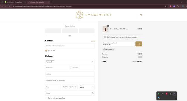EM Cosmetics checkout page showing EM Cosmetics discount code box | Screenshot taken by SimplyCodes community member on Sep 4, 2025