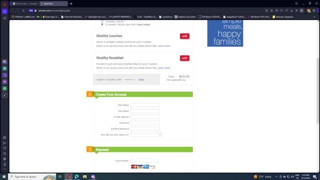 EMeals checkout page showing EMeals coupon code box | Screenshot taken by SimplyCodes community member on Sep 12, 2023