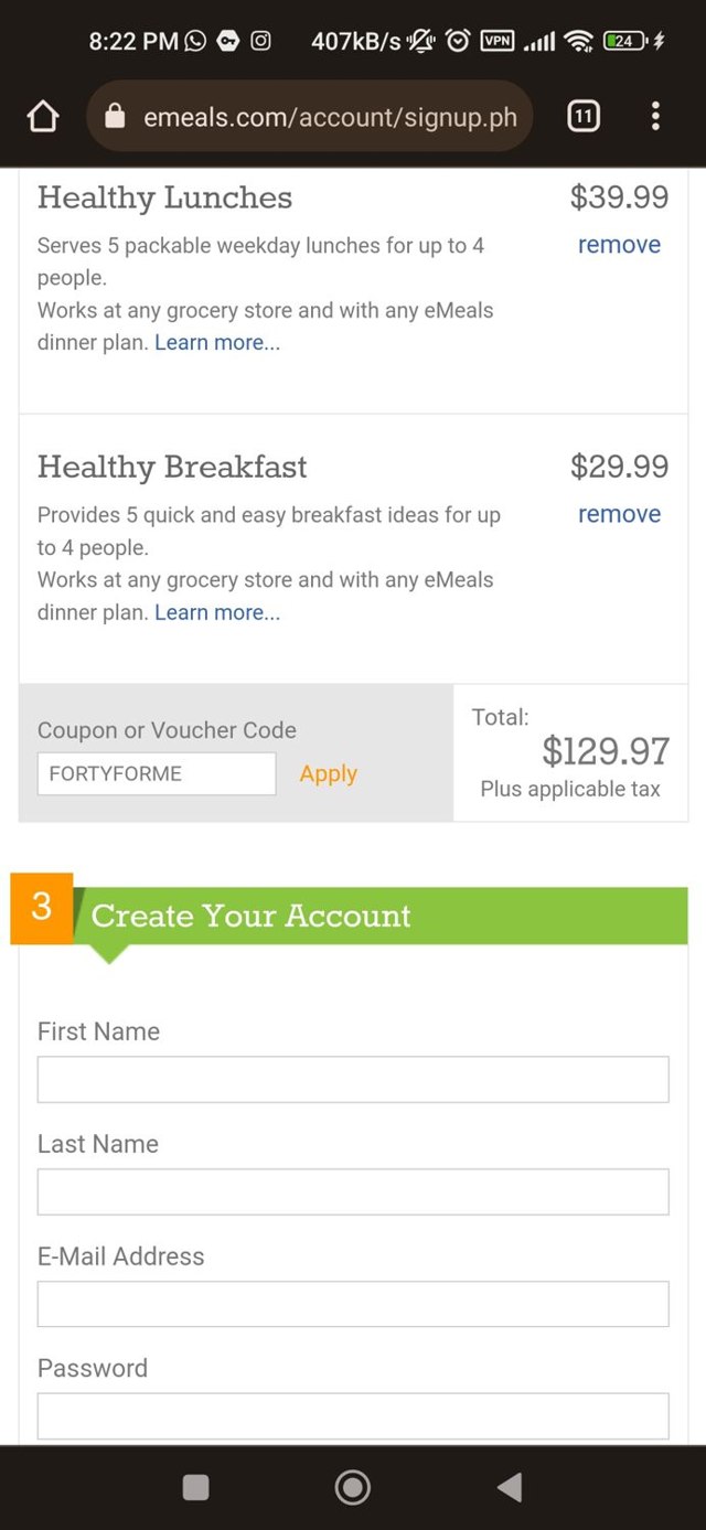 EMeals checkout page showing EMeals coupon code box | Screenshot taken by SimplyCodes community member on Sep 18, 2023