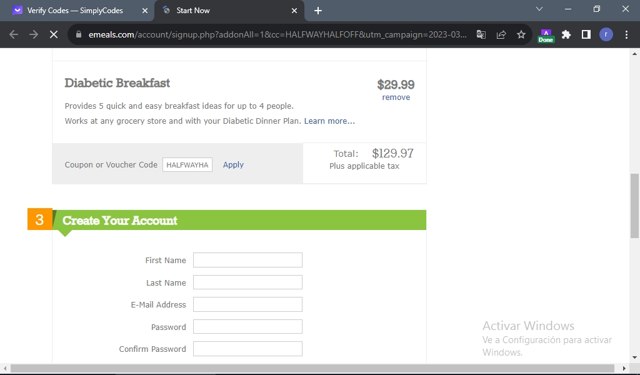 EMeals checkout page showing EMeals coupon code box | Screenshot taken by SimplyCodes community member on Aug 25, 2023