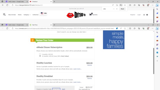 EMeals checkout page showing EMeals coupon code box | Screenshot taken by SimplyCodes community member on Sep 1, 2023