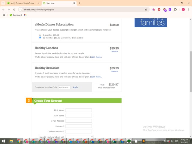 EMeals checkout page showing EMeals coupon code box | Screenshot taken by SimplyCodes community member on Jan 10, 2025