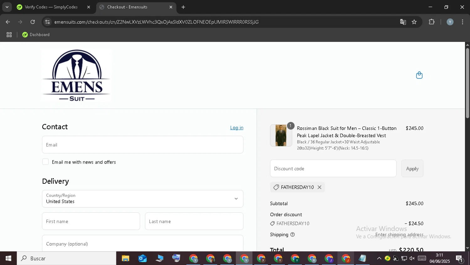 Emensuits coupon code screenshot showing code FATHERSDAY10 applied at Emensuits checkout page. Uploaded by SimplyCodes community member LuckySentinel8990 on Jun 4, 2025