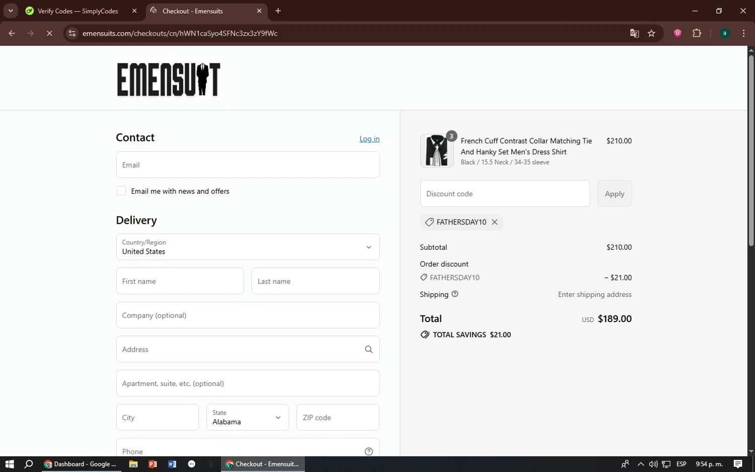 Emensuits coupon code screenshot showing code FATHERSDAY10 applied at Emensuits checkout page. Uploaded by SimplyCodes community member zizu55 on Aug 10, 2025