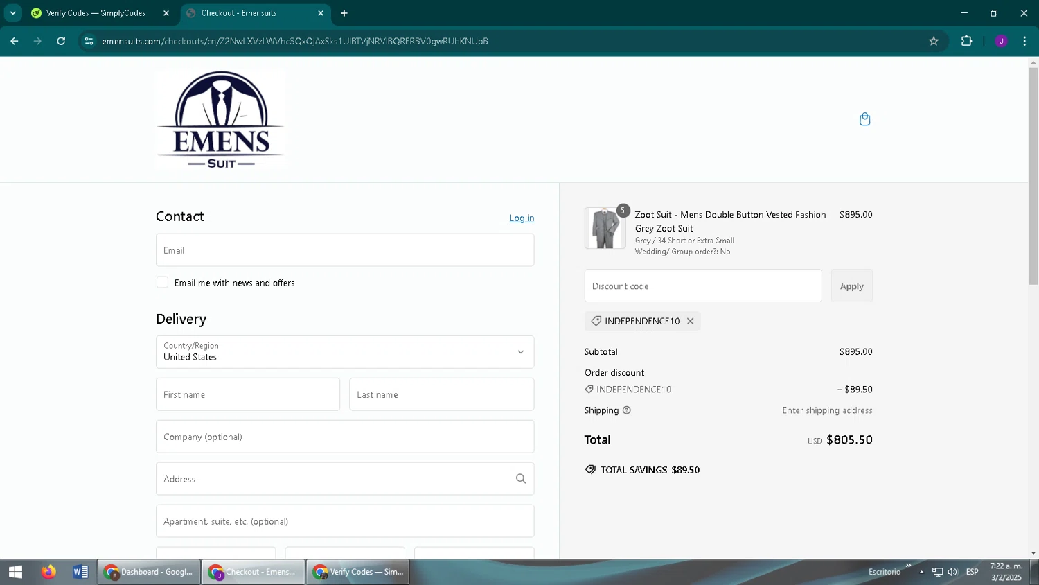 Emensuits coupon code screenshot showing code INDEPENDENCE10 applied at Emensuits checkout page. Uploaded by SimplyCodes community member ComeBurra123 on Feb 3, 2025
