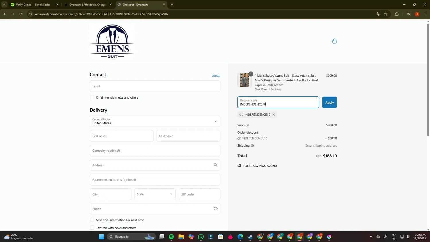 Emensuits coupon code screenshot showing code INDEPENDENCE10 applied at Emensuits checkout page. Uploaded by SimplyCodes community member PrimeBoss695 on Mar 19, 2025