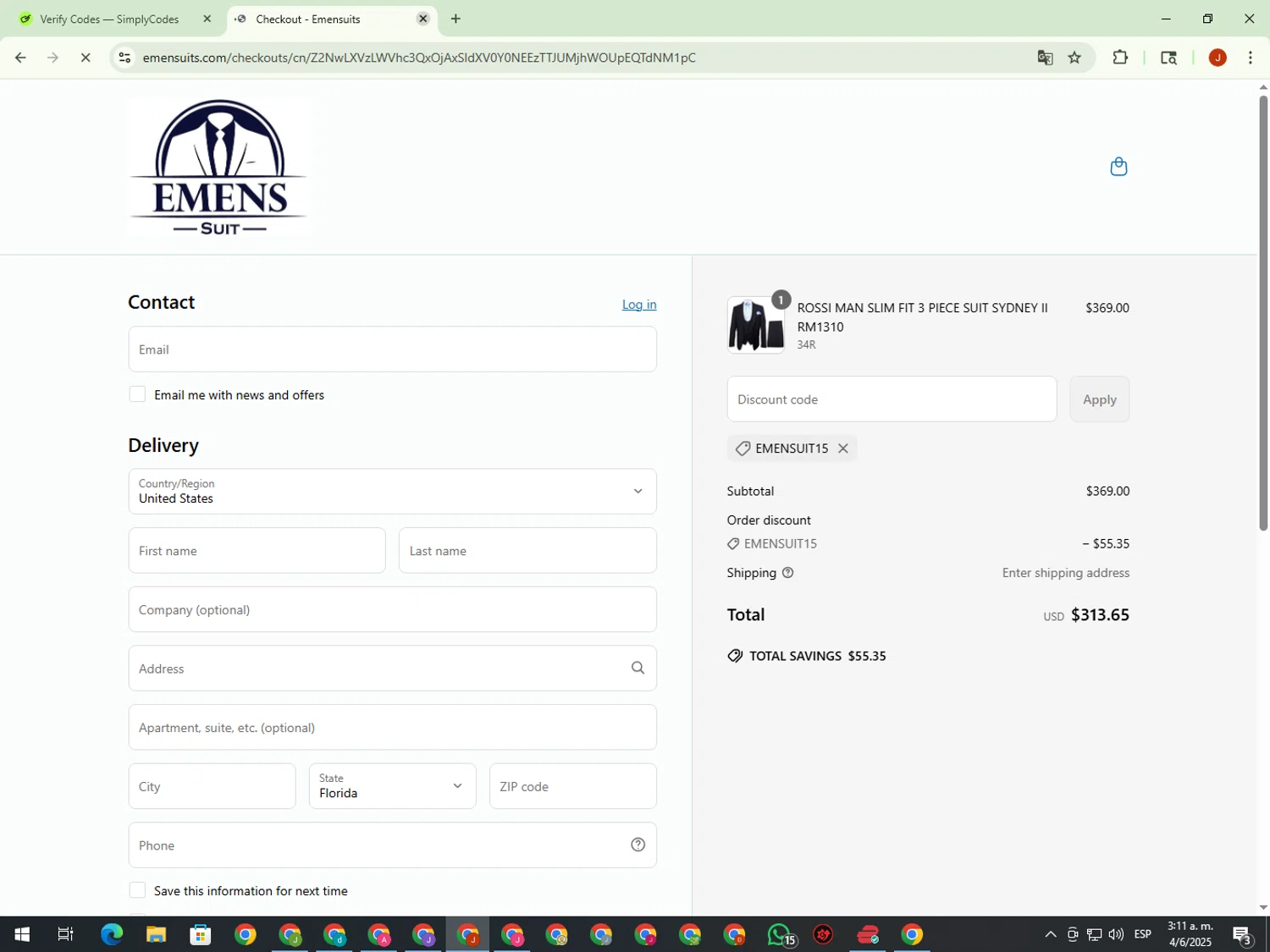 Emensuits coupon code screenshot showing code EMENSUIT15 applied at Emensuits checkout page. Uploaded by SimplyCodes community member KimDokja on Jun 4, 2025