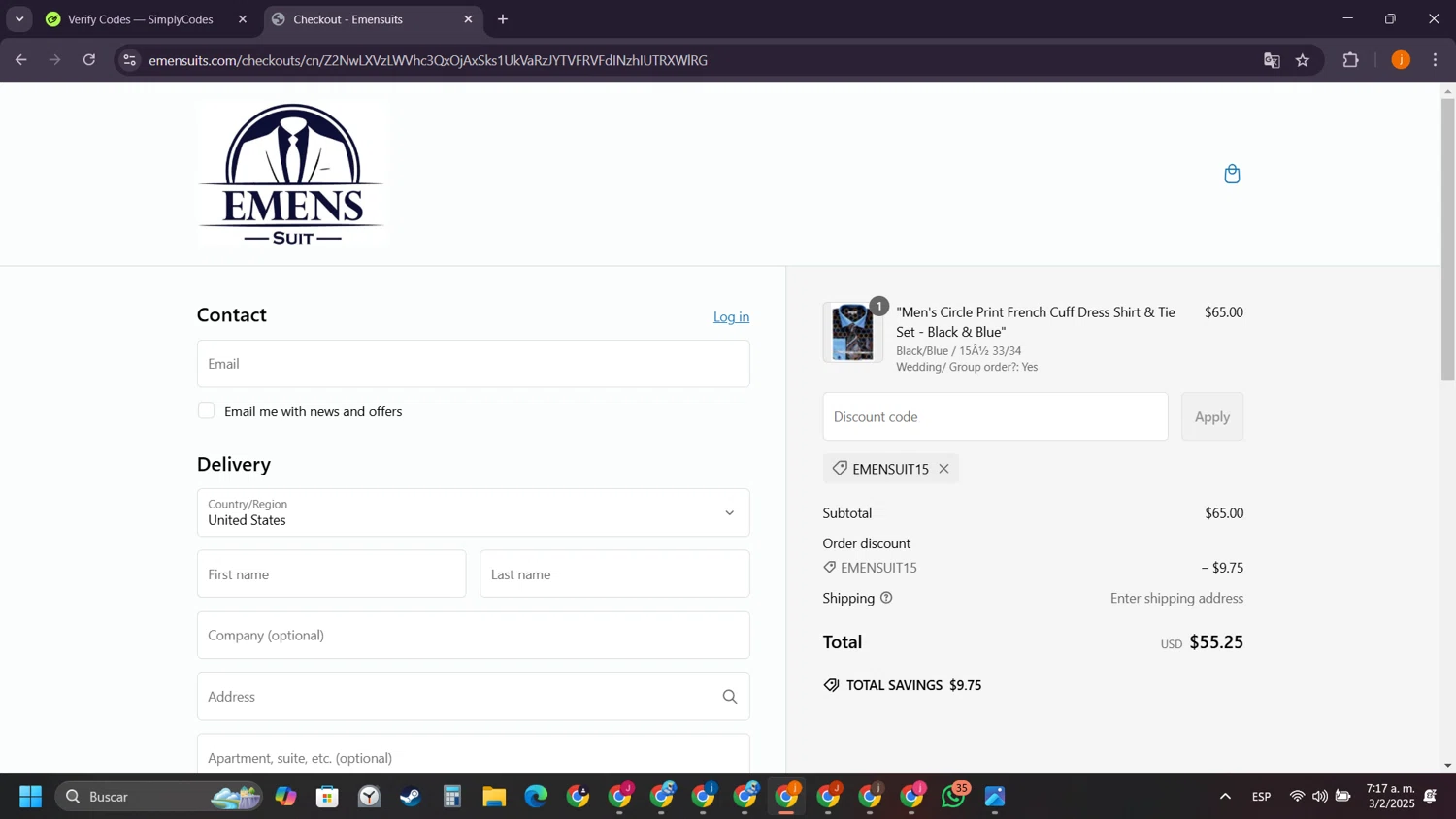 Emensuits coupon code screenshot showing code EMENSUIT15 applied at Emensuits checkout page. Uploaded by SimplyCodes community member SilverSentinel5952 on Feb 3, 2025