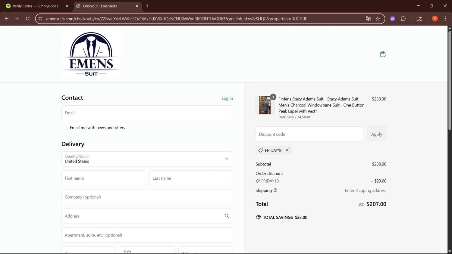 Emensuits coupon code screenshot showing code FRIDAY10 applied at Emensuits checkout page. Uploaded by SimplyCodes community member LegendaryPro3698 on Jun 4, 2025