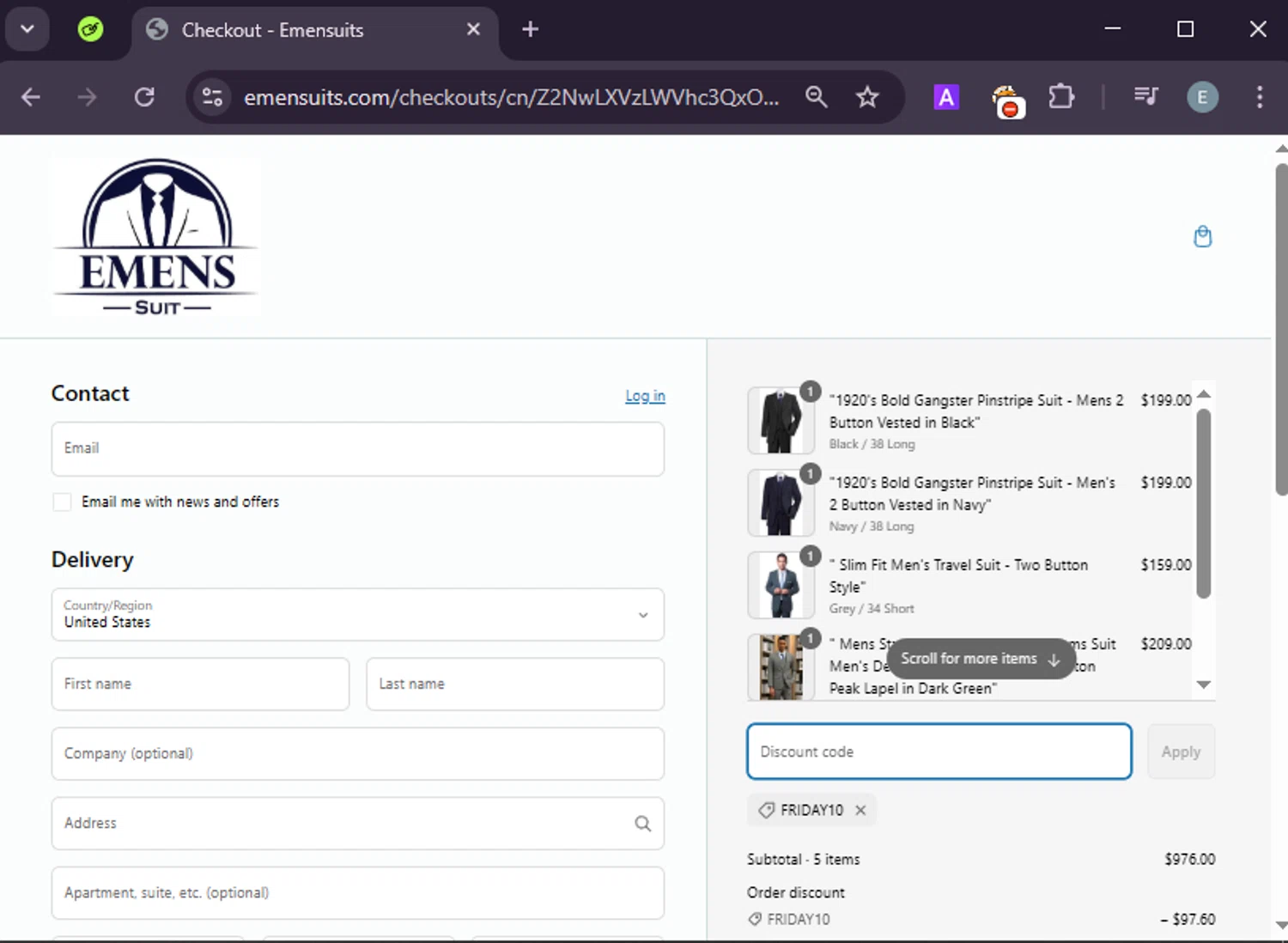 Emensuits coupon code screenshot showing code FRIDAY10 applied at Emensuits checkout page. Uploaded by SimplyCodes community member LuckyExpert7689 on Mar 8, 2025