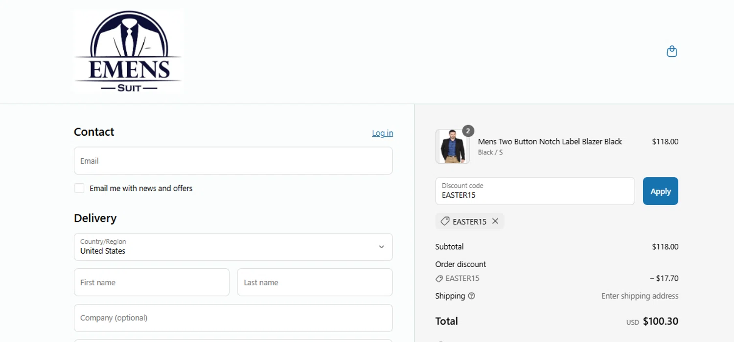 Emensuits coupon code screenshot showing code EASTER15 applied at Emensuits checkout page. Uploaded by SimplyCodes community member CleverWhiz2265 on Jun 22, 2025