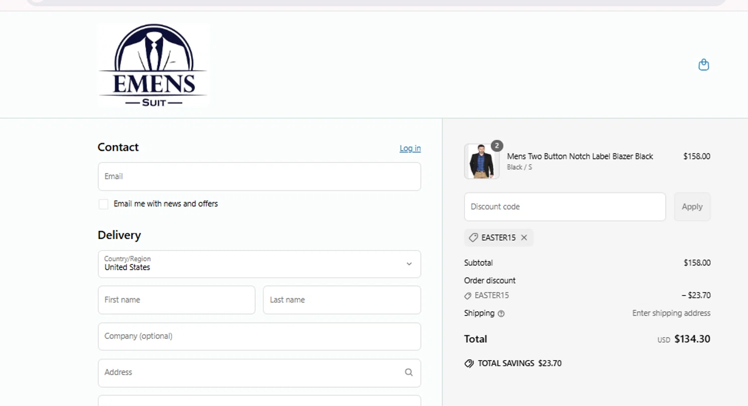 Emensuits coupon code screenshot showing code EASTER15 applied at Emensuits checkout page. Uploaded by SimplyCodes community member MordeKaiser on Apr 20, 2025