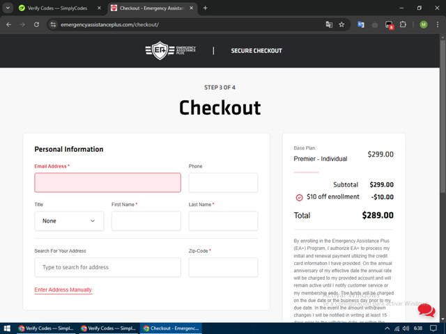 Emergency Assistance Plus checkout page showing Emergency Assistance Plus discount code box | Screenshot taken by SimplyCodes community member on Mar 4, 2025