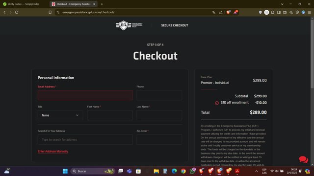 Emergency Assistance Plus checkout page showing Emergency Assistance Plus discount code box | Screenshot taken by SimplyCodes community member on Apr 2, 2025