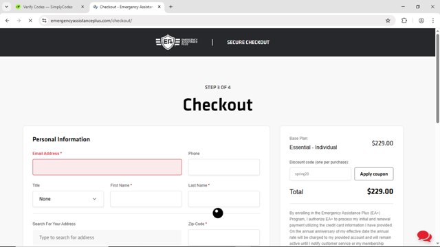 Emergency Assistance Plus checkout page showing Emergency Assistance Plus discount code box | Screenshot taken by SimplyCodes community member on Jun 6, 2025
