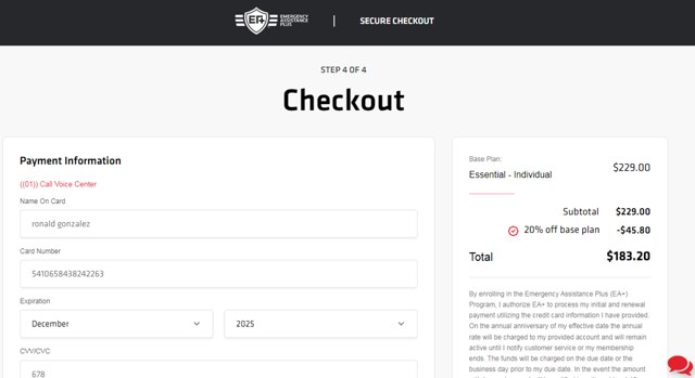 Emergency Assistance Plus checkout page showing Emergency Assistance Plus discount code box | Screenshot taken by SimplyCodes community member on Aug 31, 2025