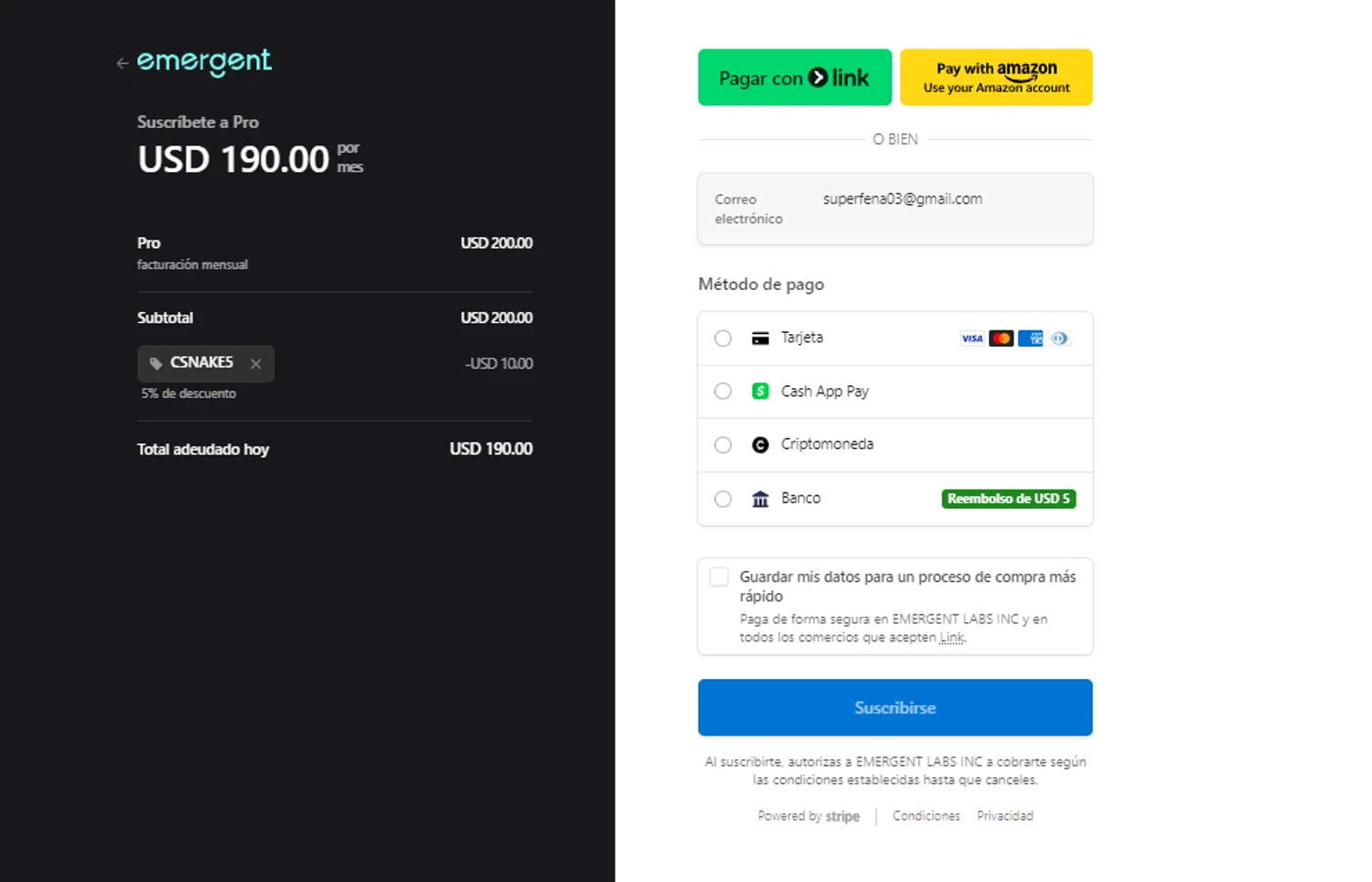 Emergent promo code screenshot showing code CSNAKE5 applied at Emergent checkout page. Uploaded by SimplyCodes community member BonusCollector7885 on Dec 5, 2025