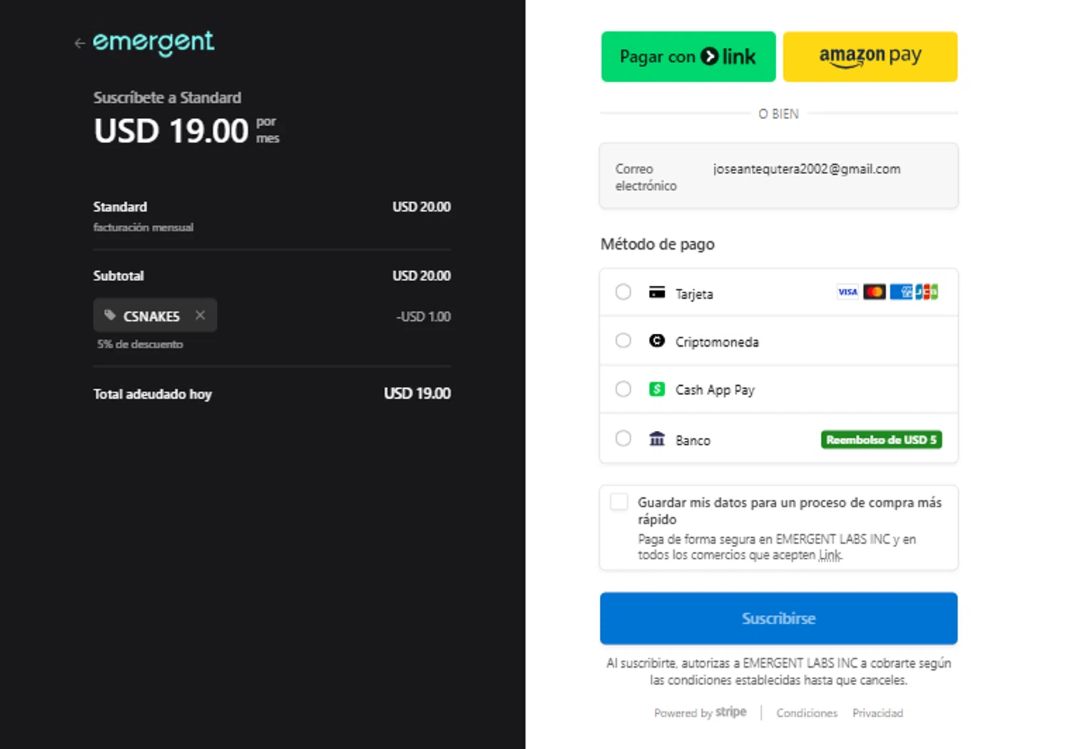 Emergent promo code screenshot showing code CSNAKE5 applied at Emergent checkout page. Uploaded by SimplyCodes community member Josemedina on Dec 27, 2025