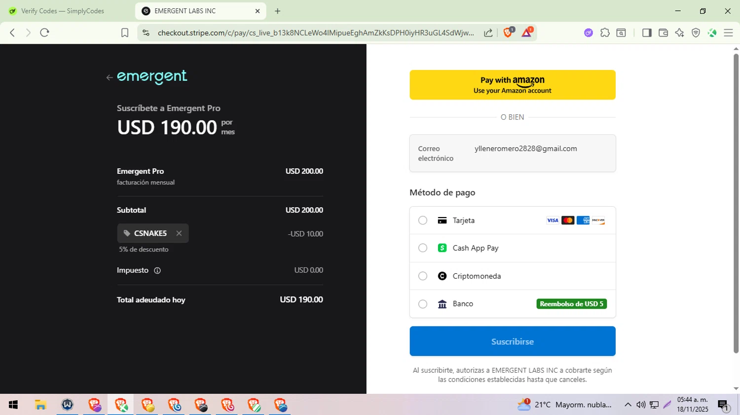 Emergent promo code screenshot showing code CSNAKE5 applied at Emergent checkout page. Uploaded by SimplyCodes community member ylleneromero on Nov 18, 2025