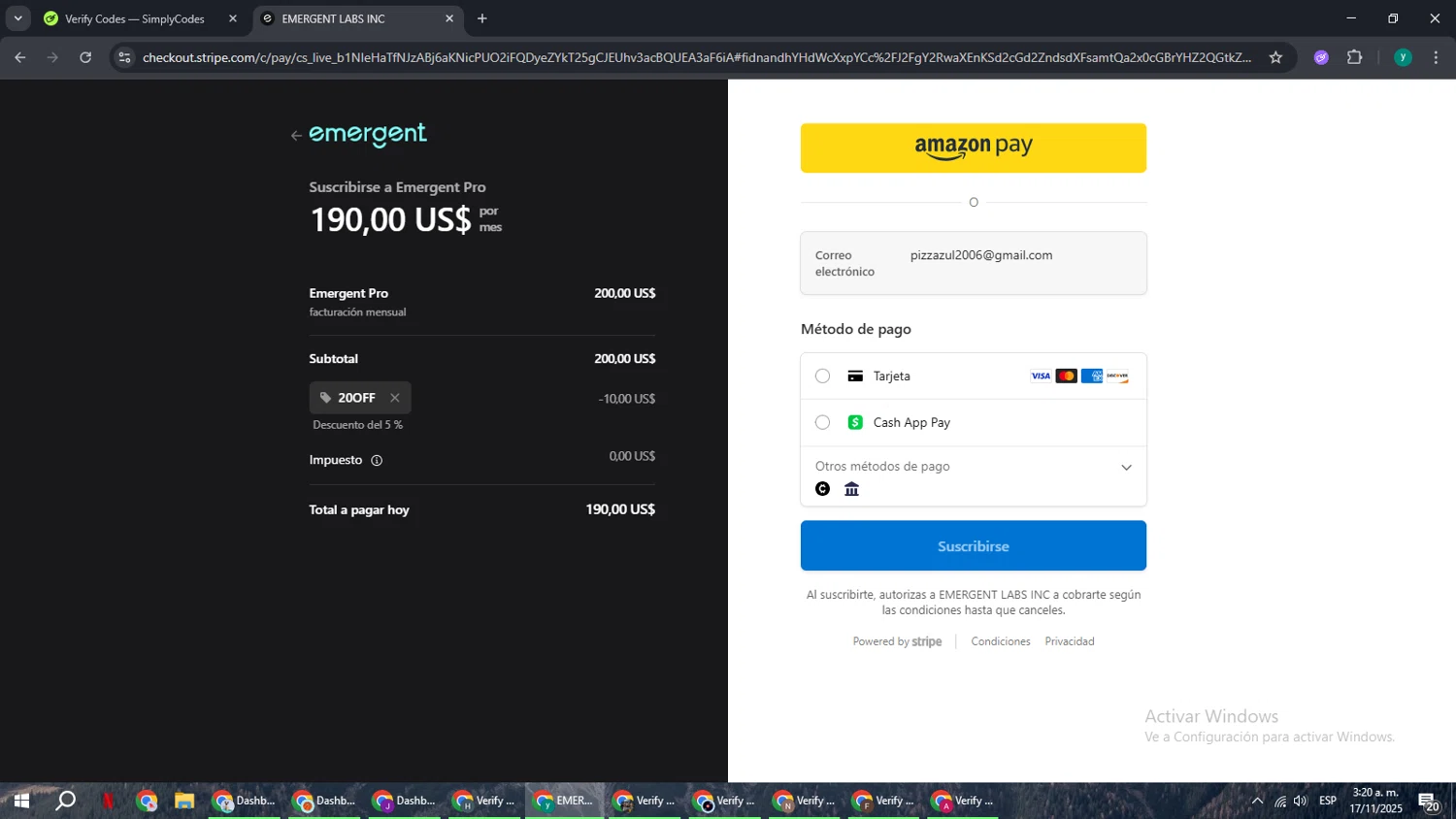 Emergent promo code screenshot showing code 20OFF applied at Emergent checkout page. Uploaded by SimplyCodes community member FrugalCaptain6906 on Nov 17, 2025