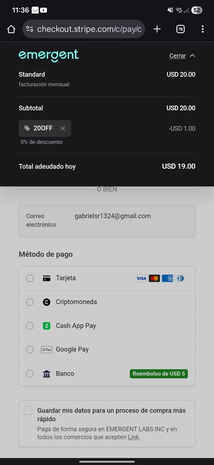 Emergent promo code screenshot showing code 20OFF applied at Emergent checkout page. Uploaded by SimplyCodes community member KataldoMustafack on Dec 15, 2025