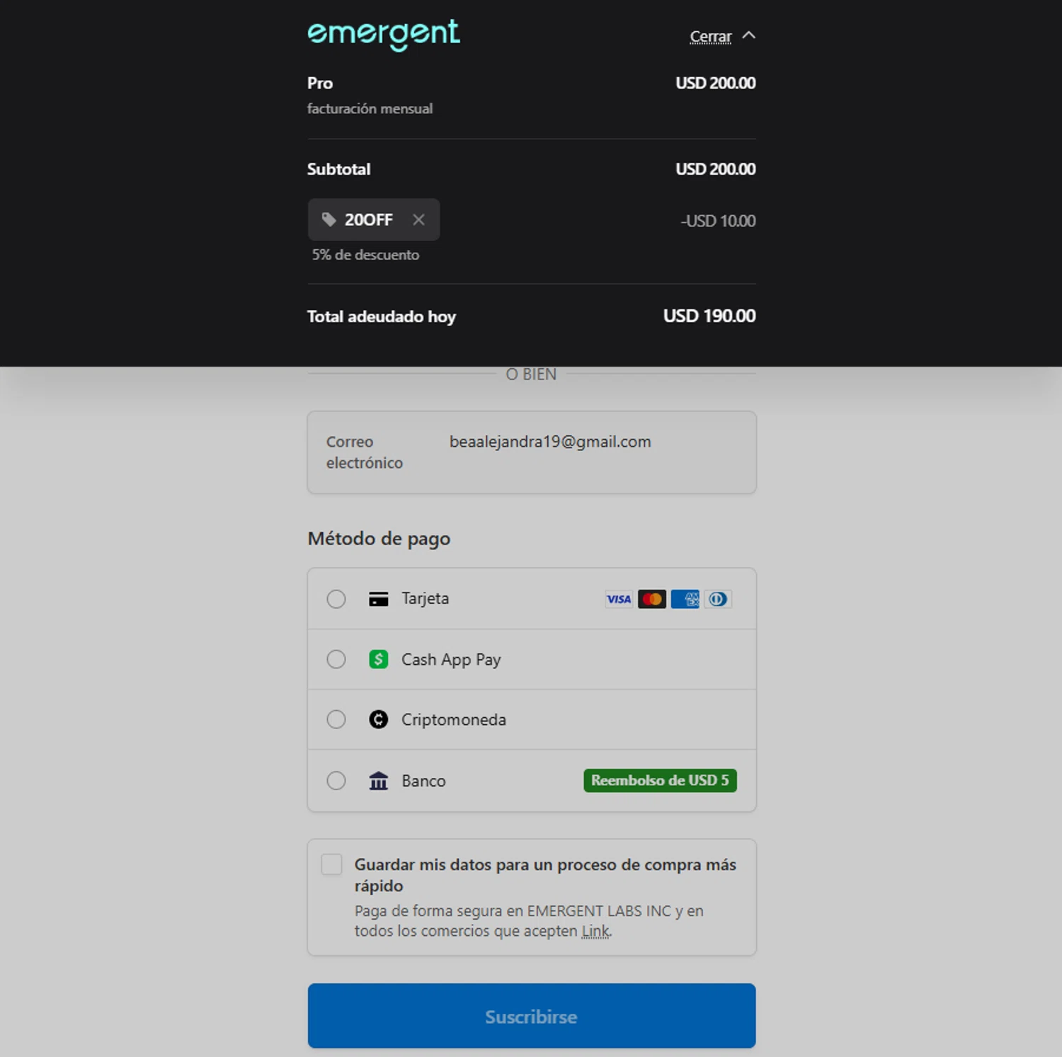 Emergent promo code screenshot showing code 20OFF applied at Emergent checkout page. Uploaded by SimplyCodes community member Sadalsuud on Jan 28, 2026
